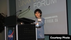 Tanishq Abraham is seen speaking at the NASA Lunar Science Forum at NASA Ames Research Center, Moffett Field, California.