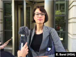 ACLU lawyer Brigitte Amiri talks to reporters after an appeals court hearing on whether a pregnant undocumented immigrant should be allowed to obtain an abortion.