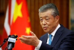China's ambassador to Britain Liu Xiaoming takes questions from members of the media at the Chinese Embassy in London on Feb. 6, 2020.