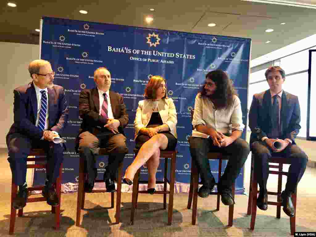 The Baha&rsquo;is of the United States and the Religious Freedom Center hold a panel discussion at Washington&rsquo;s Newseum, July 26, 2018. Other panelists include "The Cost of Discrimination" filmmaker Arash Azizi, second right, and Baha&rsquo;i Institute for Higher Education instructor Saman Mobasher, right.