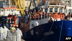 The "MV Lifeline", a vessel for the German charity Mission Lifeline, arrives with 234 migrants onboard in the harbour of Valletta, Malta, June 27, 2018.