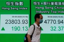 A man wearing face mask walks past a bank electronic board showing the Hong Kong share index Tuesday, May 5, 2020.