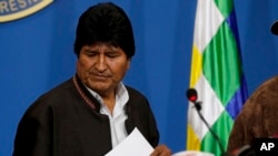 Presiden Bolivia Evo Morales dalam konferensi pers untuk mengumumkan pengunduran dirinya di La Paz, Bolivia, 10 November 2019. 
