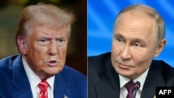 FILE - This combination of pictures created Nov. 7, 2024 shows then-Republican presidential candidate Donald Trump, left, in Cumming, Georgia, on Oct. 15, 2024, and Russia's President Vladimir Putin in Kazan on Oct. 24, 2024.