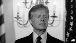 FILE - President Jimmy Carter as he appeared at the White House in Washington on April 11, 1980. 