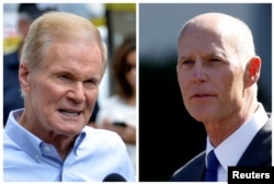 FILE - U.S. Senator Bill Nelson (L) speaks in Orlando, Florida, U.S., June 12, 2016 and Florida Governor Rick Scott appears in Washington, DC, U.S., Sept. 29, 2017 respectively.