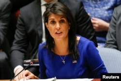 U.S. Ambassador to the United Nations Nikki Haley speaks during an emergency Security Council meeting on Syria at U.N. headquarters in New York, April 14, 2018.