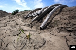 FILE - Irrigation pipes sit along a dry canal on a farm field near Stockton, Calif., May 18, 2015, when farmers in central California were drilling more and deeper wells than ever before to pump water for their fruit orchards and sprawling fields.