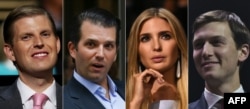 This combination of pictures created on Nov. 11, 2016 shows (From L to R) recent portraits President-elect children Eric Trump, Donald Trump Jr, Ivanka Trump and her husband Jared Kushner.