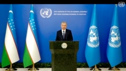 In this photo taken from video, Uzbekistan's President Shavkat Mirziyoyev remotely addresses the 76th session of the United Nations General Assembly in a pre-recorded message, Sept. 21, 2021 at U.N. headquarters. (UN Web TV via AP)