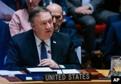 FILE - U.S. Secretary of State Mike Pompeo speaks at the U.N. Security Council at the U.N Headquarters, Jan. 26, 2019.