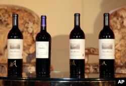 FILE - Bottles of Yao Family Wines are seen at the Millennium Biltmore Hotel in Los Angeles, California, Feb. 19, 2013.