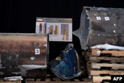 Pieces of an Iranian Qiam Ballistic Missile are on display after US Ambassador to UN Nikki Haley unveiled classified information intending to prove Iran provided the Houthi rebels in Yemen with arms, during a press conference, Dec. 14, 2017, in Washington.