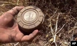 In this still image made from video taken Sept. 7, 2015 provided by the Syrian Center for Demining and Rehabilitation, a volunteer deminer takes a landmine from the ground in Daraa, Syria.