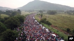 Members of a US-bound migrant caravan stand on a road after federal police briefly blocked their way outside the town of Arriaga, Oct. 27, 2018.
