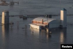 Flooded Camp Ashland Army National Guard facility is seen in this aerial photo taken in Ashland, Nebraska, March 17, 2019.