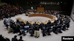 Members of the U.N. Security Council meet to discuss a North Korean missile launch at U.N. headquarters in New York, Nov. 29, 2017. 