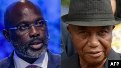 (COMBO) This combination of pictures created on November 13, 2023 shows Liberia's President George Weah (L) delivering a speech at the leaders summit of the COP27 climate conference at the Sharm el-Sheikh International Convention Centre, in Egypt's Red Se