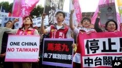 Opposition protesters shout slogans with placards opposing the planned meeting of Taiwan's President Ma Ying-jeou with his China counterpart Xi Jinping in Taipei, Taiwan, Nov. 4, 2015. 