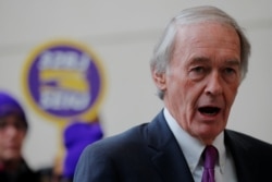 FILE - Senator Ed Markey, a Democrat, speaks to reporters at Logan Airport in Boston, Massachusetts, Jan. 21, 2019.