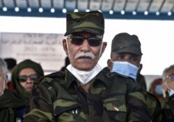 FILE - Brahim Ghali attends celebrations marking the 45th anniversary of the creation of the SARD, on Feb. 27, 2021, at a refugee camp, near Tindouf, Algeria.