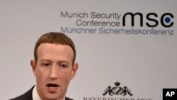 (File) Facebook CEO Mark Zuckerberg speaks on the second day of the Munich Security Conference in Munich, Germany, Feb. 15, 2020. 