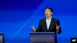 Democratic presidential candidate entrepreneur Andrew Yang gives his closing statement, Sept. 12, 2019, during a Democratic presidential primary debate hosted by ABC at Texas Southern University in Houston. 