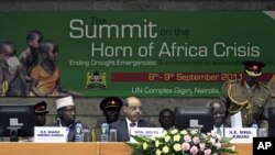 Somalia's President Sheikh Sharif Ahmed, Ethiopia's Prime Minister Meles Zenawi and their host, Kenya's President Mwai Kibaki, sit together at the drought summit in Nairobi, Kenya, September 9, 2011