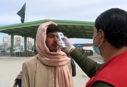 FILE - A health worker takes the temperature of a Afghan national at the Chaman crossing point on the Pakistan-Afghanistan border, in Chaman, Pakistan, Feb. 26, 2020.