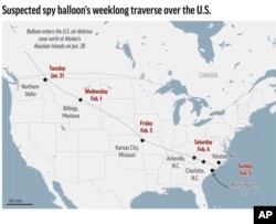Map shows path of suspected spy balloon.