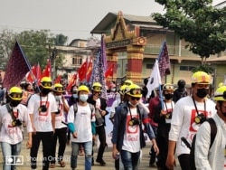 Demonstrators take part in an anti-coup protest in Tamu, Sagaing Region, Myanmar, near India border, March 25, 2021. (Credit: Citizen Journalist)