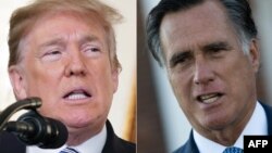 This combination of file pictures shows U.S. President Donald Trump, left, speaking at the White House, Feb. 15, 2018; and Mitt Romney speaking to reporters at Trump International Golf Club in Bedminster Township, New Jersey, Nov. 19, 2016. 