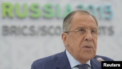Russian Foreign Minister Sergei Lavrov speaks during a news briefing in Ufa, Russia, July 9, 2015. 