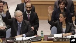 British Ambassador to the United Nations Mark Lyall Grant and American Ambassador Susan Rice vote during a Security Council vote on the peace and security in Africa, Saturday, Feb. 26, 2011 at U. N. headquarters.