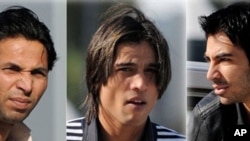 In this combination picture, Pakistan cricketers Salman Butt (R), Mohammad Asif (L) and Mohamed Aamer (C) are seen upon their arrival at the Qatar Financial Center to attend the final hearing of an anti-corruption tribunal with the International Cricket C