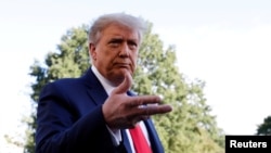 U.S. President Donald Trump speaks to the media on the South Lawn of the White House in Washington.
