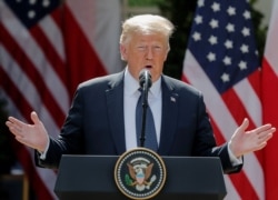 U.S. President Donald Trump takes questions during a June 24, 2020, news conference in the Rose Garden at the White House in Washington.