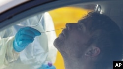 Medical staff take a COVID-19 test from a visitor to a drive through community based assessment centre in Christchurch, New Zealand, Aug. 13, 2020. 
