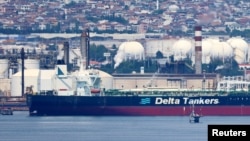 FLAG - The Greek-flagged oil tanker Sounion is pictured in Yarimca, Gulf of Izmit, east of Istanbul, Turkey, May 31, 2024. The Sounion is afire and adrift after being attacked by Yemen's Houthi rebels, authorities reported on Aug. 23, 2024.