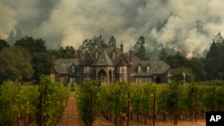 A wildfire burns behind a winery, Oct. 14, 2017, in Santa Rosa, Calif. 