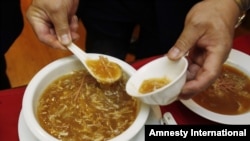 A bowl of shark fin soup is being served at a Chinese restaurant in San Francisco's Chinatown, California, February 14, 2011.