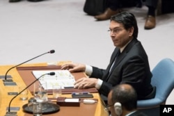 Israel's U.N. Ambassador Danny Danon speaks during a Security Council meet, June 1, 2018 at United Nations.