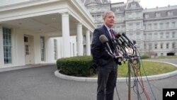 Republican Sen. Lindsey Graham speaks to members of the media outside the West Wing of the White House in Washington, after his meeting with President Donald Trump, Dec. 30, 2018.