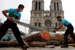 Carpenters showcase medieval techniques in front of Notre Dame Cathedral in Paris, France, Sept. 19, 2020. A total of 25 trusses are to be installed at an unknown date in the cathedral nave.
