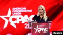 FILE - Former Florida Attorney General Pam Bondi speaks at the Conservative Political Action Conference in Orlando, Florida, Feb. 26, 2021.