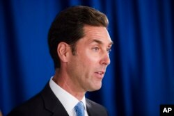 FILE - Stephen Ubl, president of the Pharmaceutical Research and Manufacturers of America, speaks during a news conference in Trenton, N.J., Sept. 18, 2017.