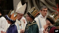 Pope Francis celebrates a new year's Mass in St. Peter's Basilica at the Vatican, Jan. 1, 2018. 