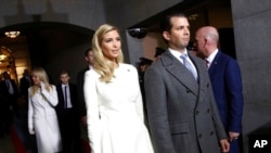 FILE - Ivanka Trump and Donald Trump Jr. arrive at the US Capitol in Washington for the inauguration ceremony of Donald J. Trump as the 45th president of the United States, Jan. 20, 2017. 