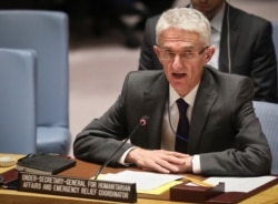 Mark Lowcock, the U.N. Humanitarian Affairs Emergency and Relief Coordinator, address United Nations Security Council with a report on Yemen, Tuesday Oct. 23, 2018 at U.N. headquarters.
