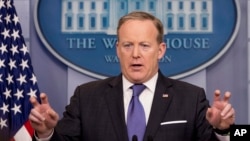 FILE - White House press secretary Sean Spicer speaks during the daily press briefing at the White House in Washington, March 13, 2017.
